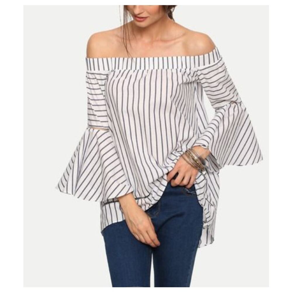 Striped Off The Shoulder Ruffle Bell Sleeve Blouse White Navy Womens Size Small - Picture 2 of 10